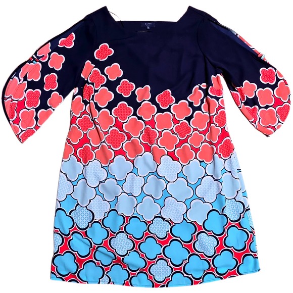 Kaari Blue Dresses & Skirts - Kaari Blue Shift Dress Blue Coral Quatrefoil Print Women's Size OX Cold Shoulder